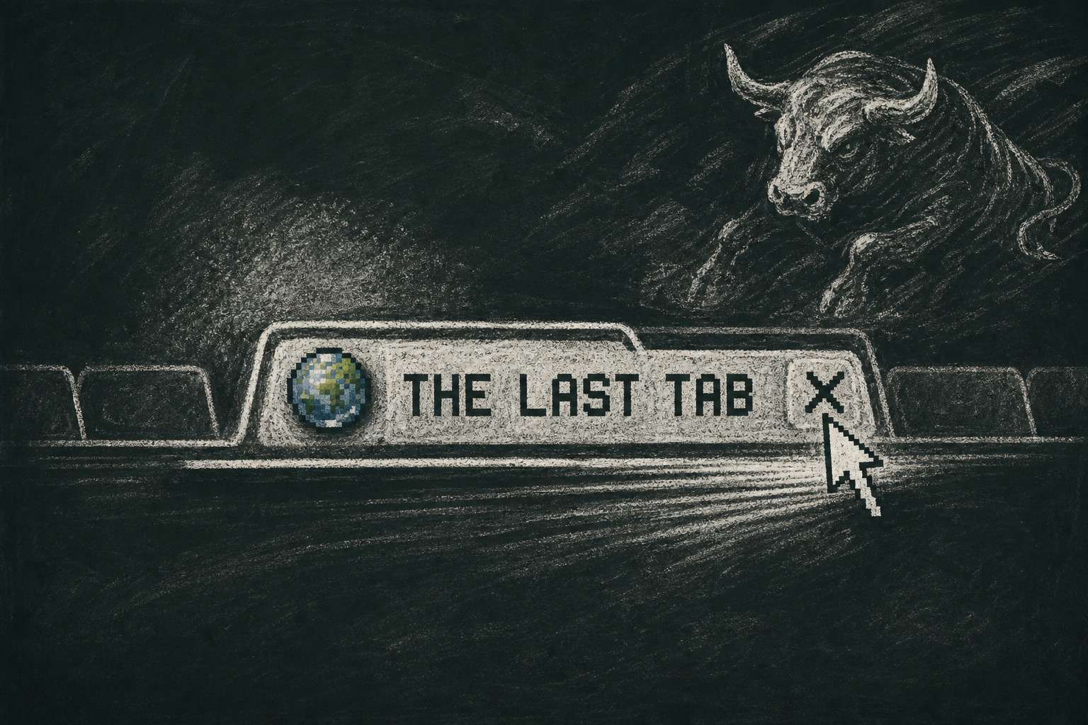 Wide chalk illustration of the last tab on a slate trading-pit board, with a brass bull looming above